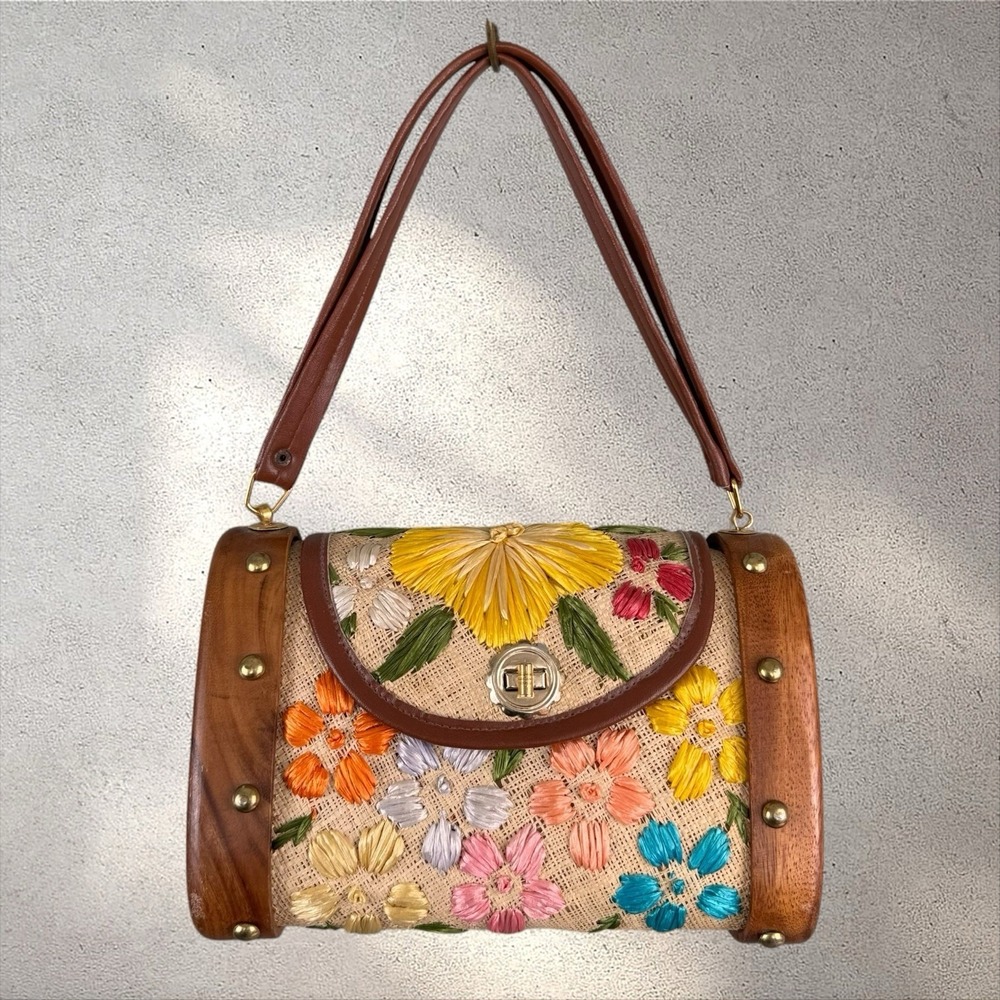 Vtg Straw Raffia Handbag Purse Whidby Embroidered Philippines Turnlock Wood